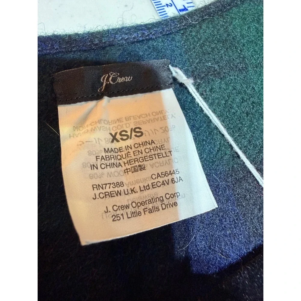 J.Crew Poncho Scarf Women XS/S Blue Green‎ Plaid Wool Blend Fringe Preppy NWT